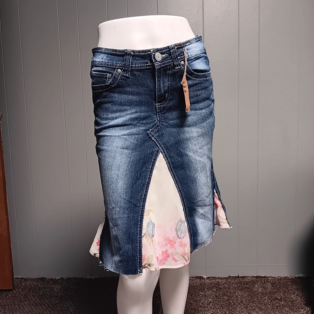 Denim Blue Skirt with Floral Accents